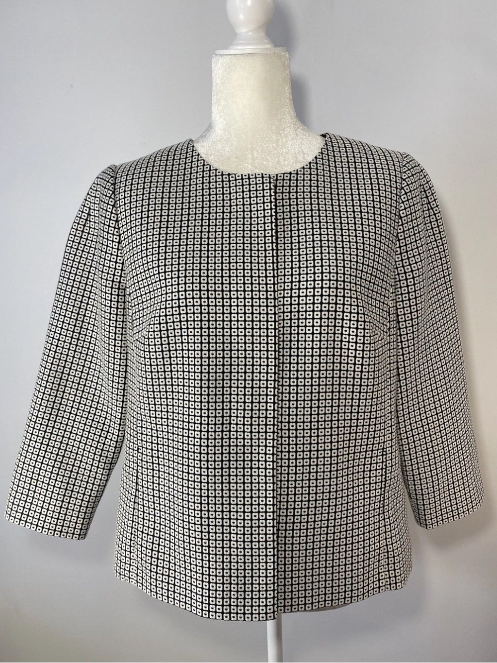 Talbots Jacket Blazer Top Women's Size 16 Black White Geometric 3/4 Sleeve NWOT